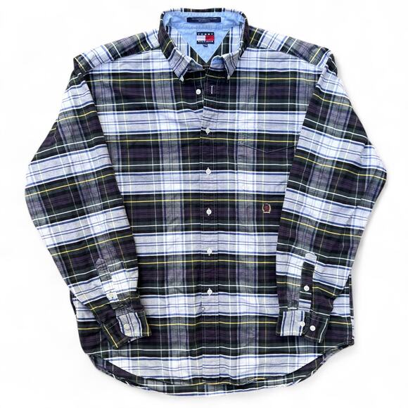Vintage 90s Tommy Hilfiger Plaid Button Up Shirt Green Purple White Blue Preppy - Picture 1 of 15